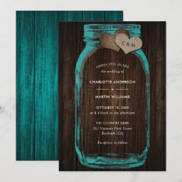 Türkise Hochzeit mit Holzmonogramm und Juteherzen  Einladung