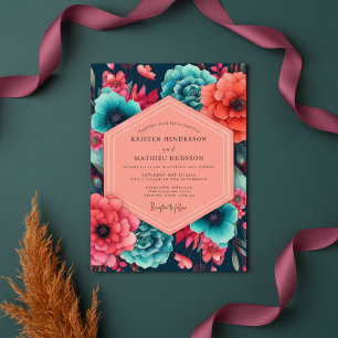 Türkise Korallen-Blumenpracht-Hochzeit Einladung