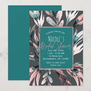 Türkise Korallen Graue Aquarell Botanische Bridal  Einladung