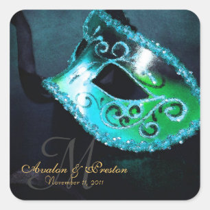 Türkise Maskerade Elegantes Monogramm-Sticker Quadratischer Aufkleber