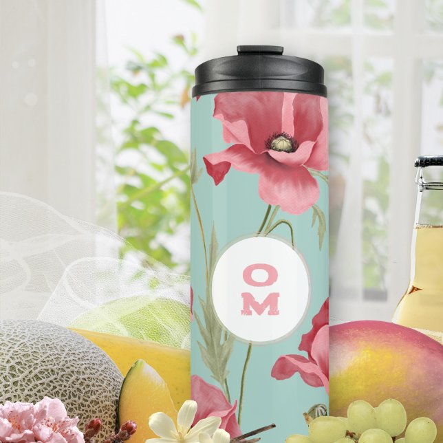 Türkise Mohn-Monogramm Thermosbecher (Turquoise Poppy Monogram Thermal Tumbler ©Susanne Sachers - Sunny Mind 🌞)