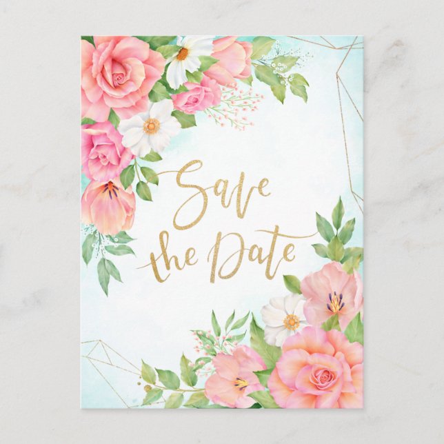 Türkise Ombre Floral Bouquet Rose Save the Date Einladungspostkarte (Vorderseite)