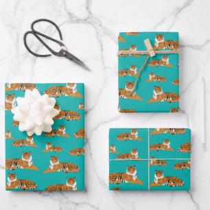 Türkise Orange Dschungel Tiger Tier Muster Geschenkpapier Set
