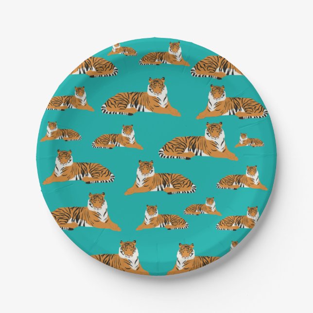 Türkise Orange Dschungel-Tiger-Tier-Muster  Pappteller (Vorderseite)