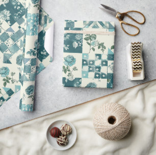 Türkise Patchwork-Quilt-Gingham-Cottagecore-Blumen Geschenkpapier