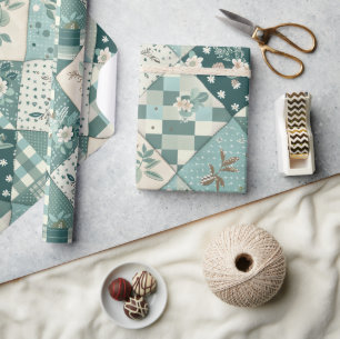 Türkise Patchwork-Quilt-Gingham-Cottagecore-Blumen Geschenkpapier