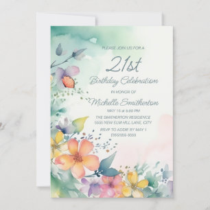 Türkise rosa gelbe Aquarellblumen 21. Geburtstag Einladung