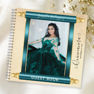 Türkise Schriftrolle Foto Budget Quinceañera Gäste Notizbuch