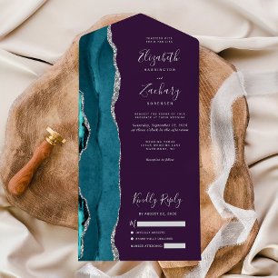 Türkise Silber-Achat-Lila-Hochzeit All In One Einladung
