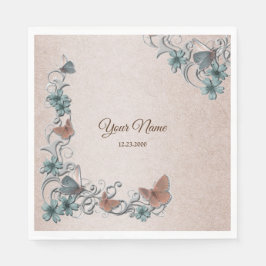 Türkise Silber Blumen Kupfer Schmetterling Braune Serviette