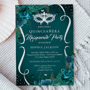 Türkise Silber Blumenrolle Masquerade Quinceanera Folieneinladung