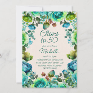 Türkise Smaragdgrüne Blumen Zum 50. Geburtstag Pro Einladung