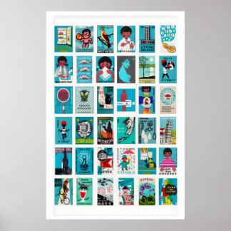 Türkise Streichholzschachtel-Etiketten Collage, Vi Poster
