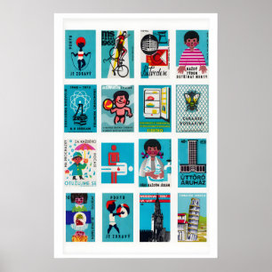 Türkise Streichholzschachtel-Etiketten Grid, Vinta Poster