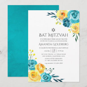 Türkise und gelbe Blumen-Bat-Mizwa Einladung