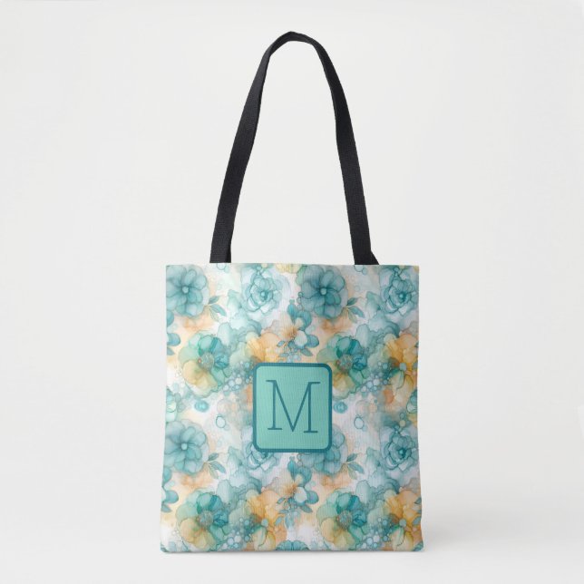 Türkise und gelbe Blumen Farbblock-Monogramm (Vorderseite)