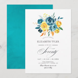 Türkise und gelbe Blumenparty zum 70. Geburtstag Einladung