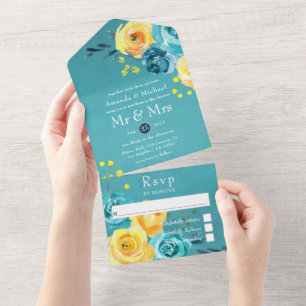 Türkise und gelbe Floral-Hochzeit mit Wasserfarben All In One Einladung