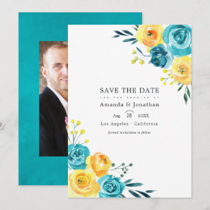 Türkise und gelbe Florale Hochzeit mit Wasserfarbe Save The Date