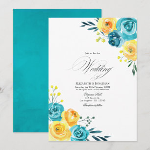 Türkise und gelbe Florale Wasserfarben-Hochzeit Einladung