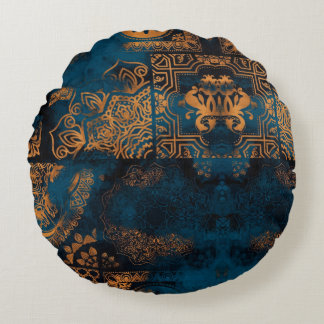 Türkise und goldene antike Boho-Geometriefliese Rundes Kissen