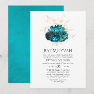 Türkise und goldene Blumen Bat Mitzwa Einladung