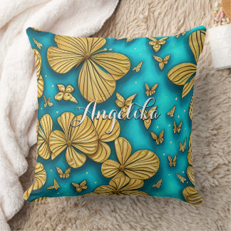 Türkise und goldene Blumen personalisierter Name Kissen
