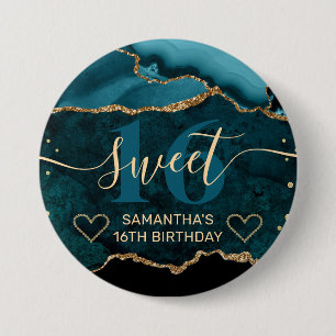 Türkise und goldene Glitter-Achat-Marmor-Sweet-16  Button