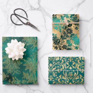 Türkise und goldene Vintage-Damaskus Geschenkpapier Set