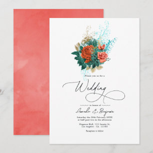Türkise und korallene Aquarell-Blumenhochzeit Einladung