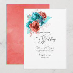 Türkise und korallene Aquarell-Blumenhochzeit Einladung
