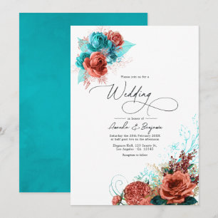 Türkise und korallene Aquarell-Blumenhochzeit Einladung
