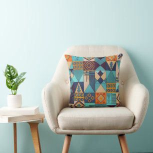 Türkise und orangefarbene Patchwork-Tasche Kissen