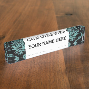 Türkise und schwarze Vintage-Damaskus-Muster Namensplakette