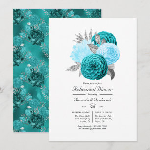 Türkise und silberne Blumen Hochzeitsprobe Dinner Einladung