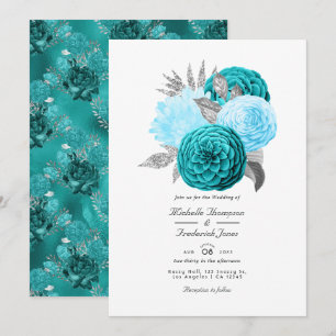 Türkise und silberne Blumenhochzeit Einladung
