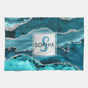 Türkise und silberne falsche Glitter-Marmor-Achat- Geschirrtuch