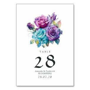 Türkise und violette florale Hochzeit Tischnummer