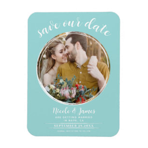 Türkise und Weiße Moderne Runde Foto-Save-the-Date Magnet