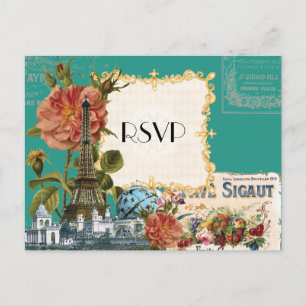 Türkise Vintage Eiffel Tower Rose Karte zur Voraba