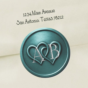 Türkise Zwei-Herzen-Silber-Monogramm-Hochzeit Runder Aufkleber