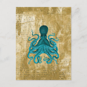 Türkiser Krake auf goldenem Grunge Postkarte