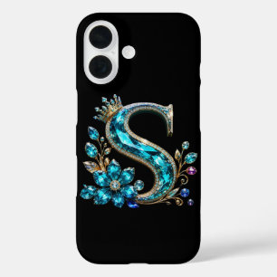 Türkiser Kristallbuchstabe S & Krone iPhone 16 Hülle