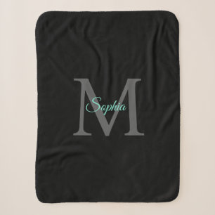 Türkiser Name, Graues Monogramm, Schwarze Sherpa-D Sherpadecke