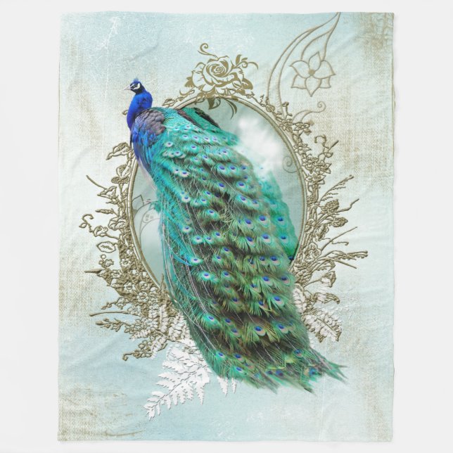 Türkiser Shabby-Pfau Fleecedecke (Vorderseite)