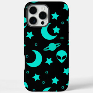 Türkises Alien-Muster mit Sternen und Monden iPhone 16 Pro Max Hülle