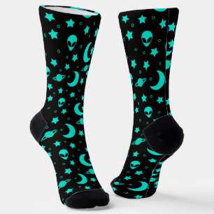 Türkises Alien-Muster mit Sternen und Monden Socken