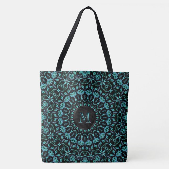 Türkises florales Mandala-Monogramm (Vorderseite)