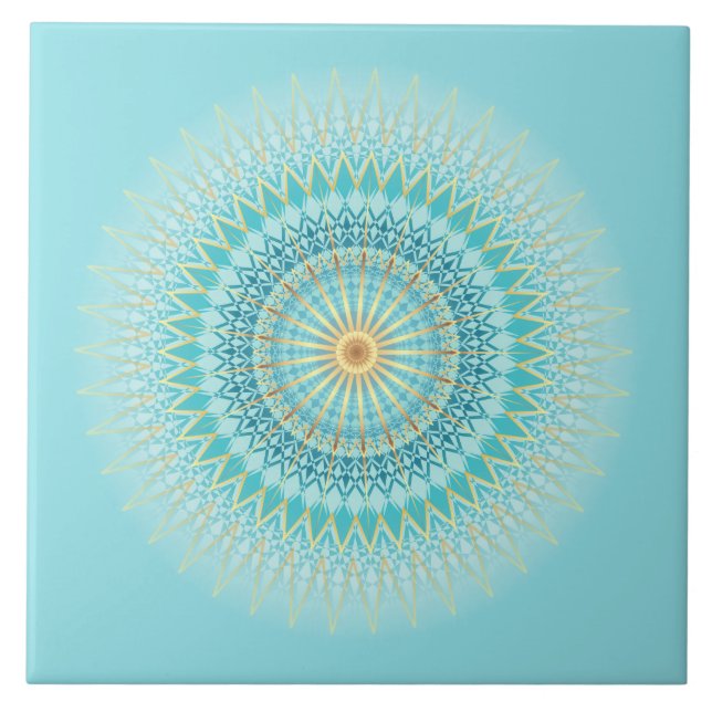 Türkises Gold Boho Mandala Fliese (Vorderseite)