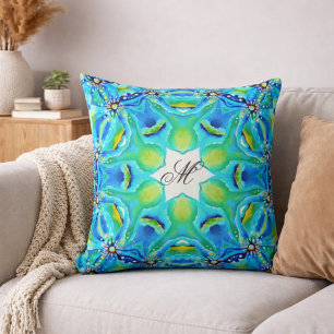 Türkises Mandala-Monogramm-Muster Blau Grün Kunst Kissen